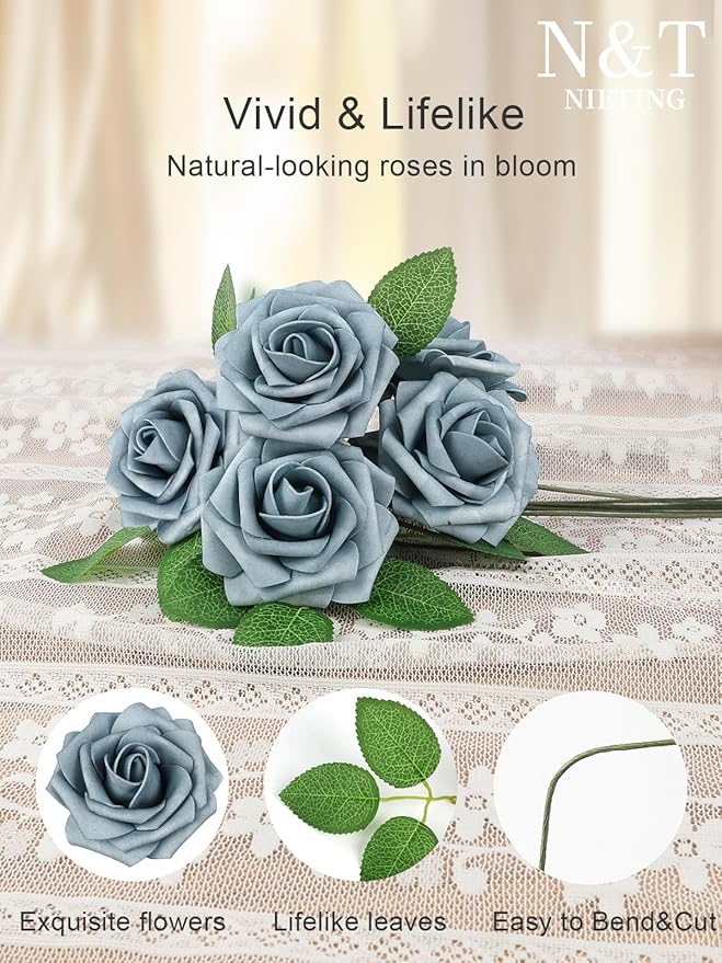 N&T NIETING Artificial Flowers, 50pcs Foam Roses Fake Flowers DIY Wedding Party Cake Decoration, Home Display, Dusty Blue Gray