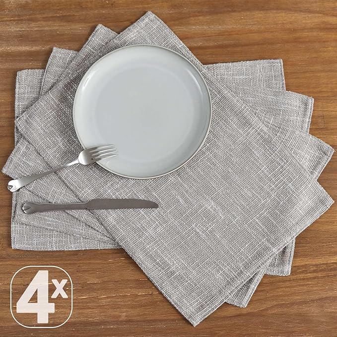JINCHAN Burlap Textured Placemats Set of Four Farmhouse Cloth Place Mats Gray Table Mats Sturdy Fabric Placemats for Kitchen Dining Table Double Layer Heat Resistant Tablemats 13 x 19 Inch Grey