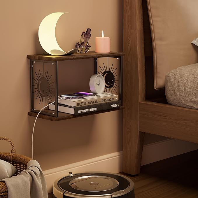 Floating Nightstand Wall Mounted - Natural Solid Wood Night Stand, Bedside Table 2 Tier Shelf, Modern Metal Celestial Side Floating Shelves Decor for Living Room Bedroom