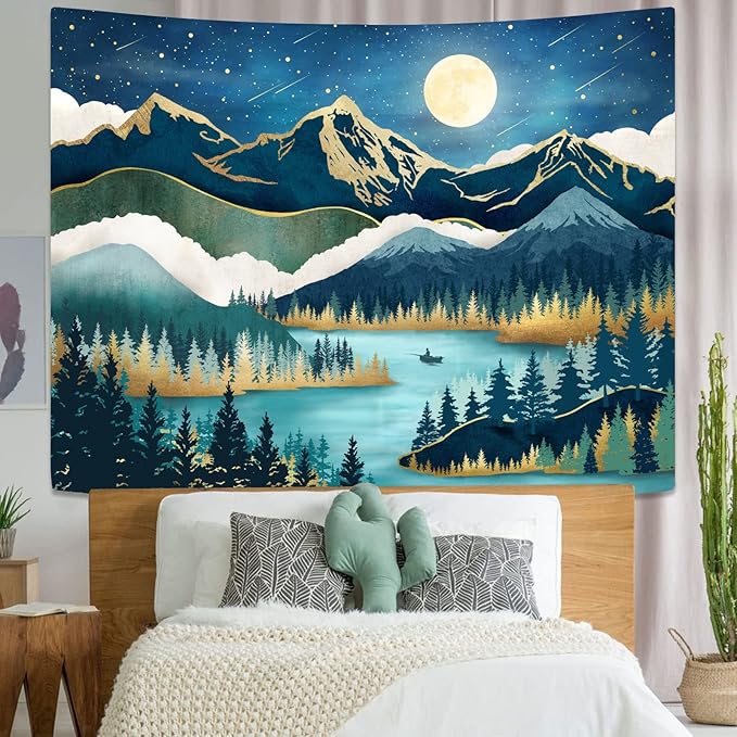 Accnicc Mountain Tapestry Nature Forest Tree Tapestries for Bedroom Aesthetic Starry Night Moon Stars Tapestrys Wall Hanging Teal Abstract Wall Tapestry for Dorm Living Room (Teal, 90'' × 68'')