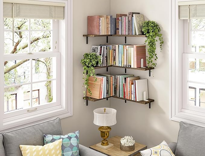 Fixwal Wood Floating Shelves - Set of 6, Wall Mounted, Farmhouse Style for Bedroom & Bathroom