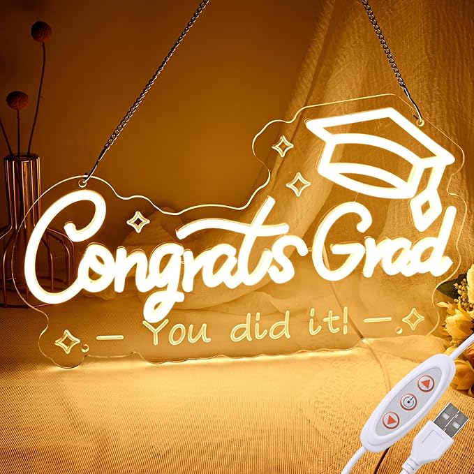 FRAMICS Congrats Grad Neon Sign-10 Adjustable Brightness Graduation Decorations 2025 Warm White LED Graduation Sign for Wall Decor Party Backdrop Gifts Lighted Congrats Grad Sign with Text Carving