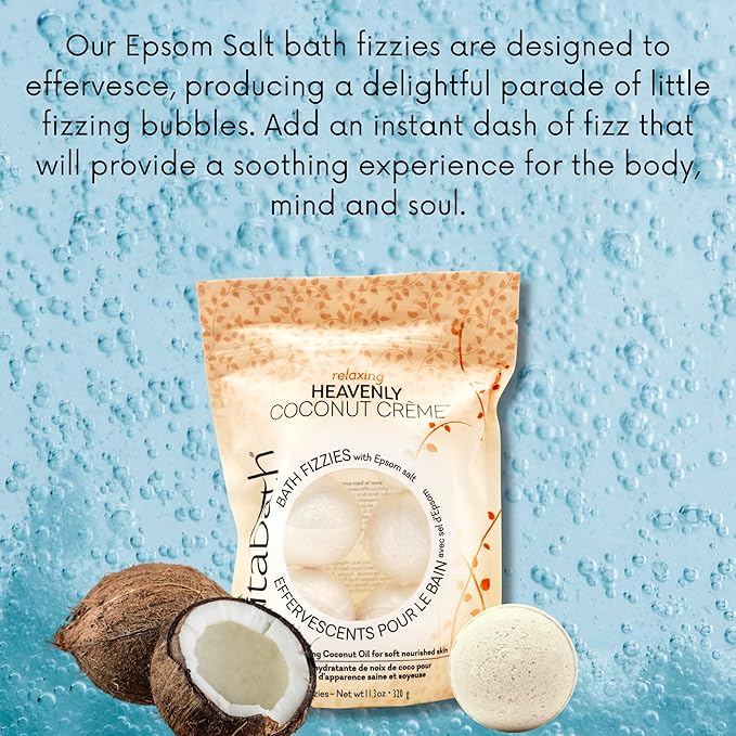 Vitabath Heavenly Coconut Crème Bath Fizzies with Epsom Salt Relax Nourish Unwind Body & Mind Calming Aromatherapy for Muscle Soreness & Reviving Skin Nourishment - 6 Count