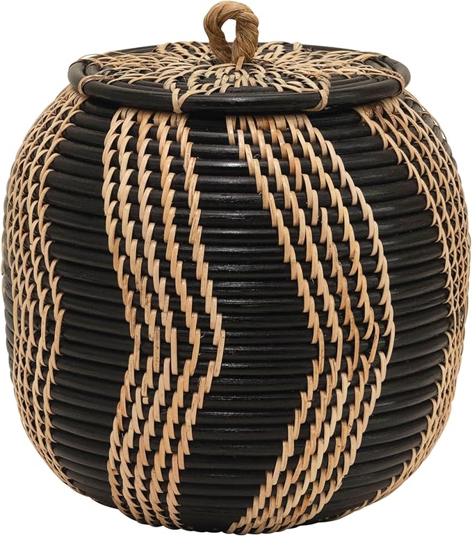 Boho Handwoven Rattan Storage Basket with Lid, Natural and Black