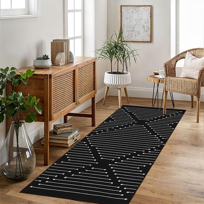 LIVEBOX Black Runner 2'x6' Boho Washable Rug for Hallway, Moroccan Woven Entryway Throw Area Rug Indoor Cotton Mat for Kitchen Laundry Room Bathroom Entry