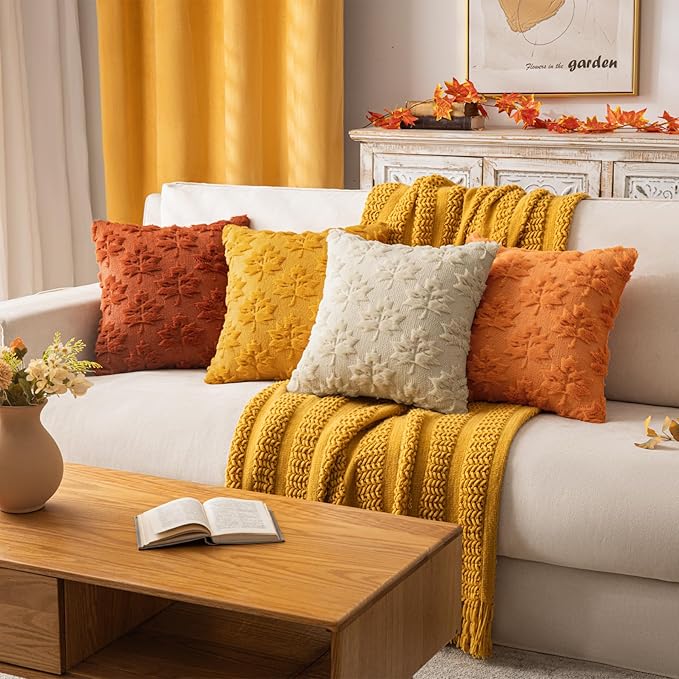 Maple Leaf Fall Throw Pillow Covers 12"x20" Set of 2, Beige Farmhouse Decorative Pillow Covers for Autumn Harvest Holiday Accent Pillow Cases, Faux Fur Pillow Covers for Couch Bed Room
