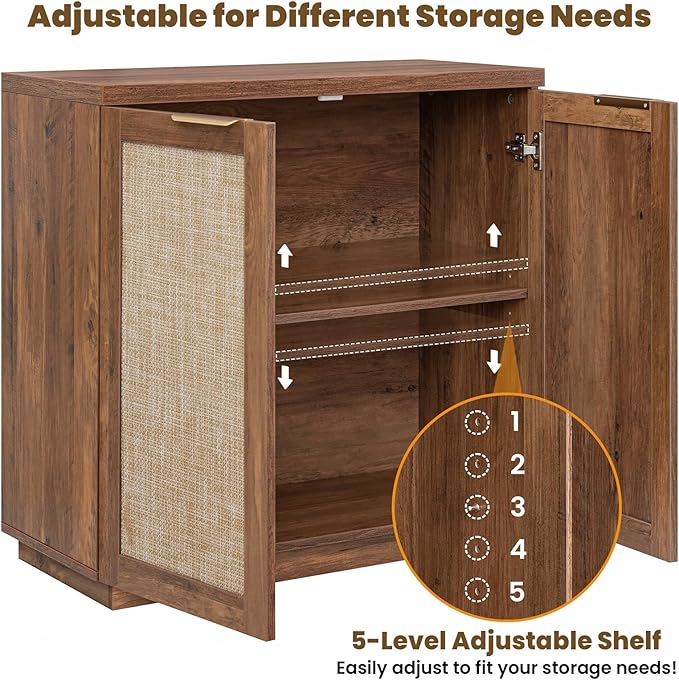 HOMMPA Rattan Sideboard Buffet Kitchen Storage Cabinet with Doors Boho Large Wood Cabinet with Adjustable Shelves for Dining Room Kitchen Living Room Hallway Entry Natural Brown