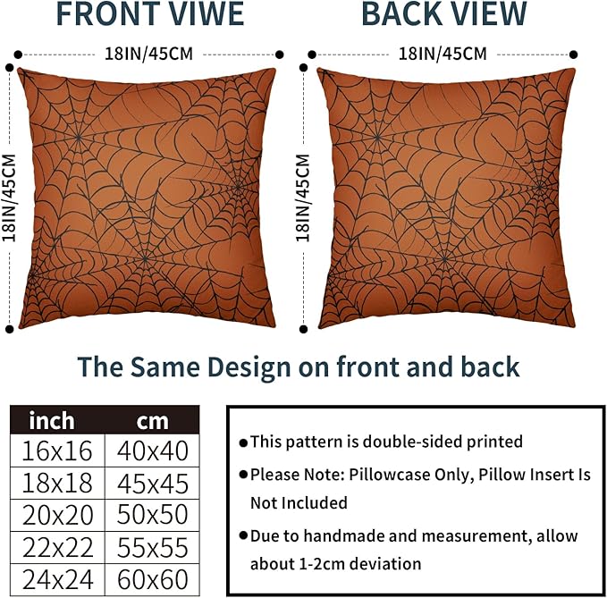Halloween Spiderweb Pillow Covers 24x24 Set of 2 Burnt Orange Black Web Outdoor Decorative Throw Pillows Halloween Scary Themed Farmhouse Pillowcases Linen Cushion Case Decor for Home Sofa Couch Bed
