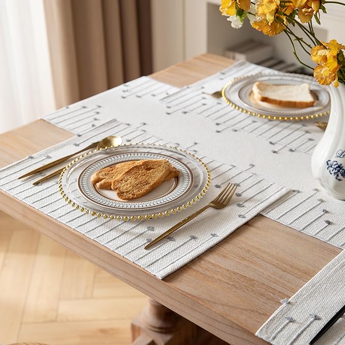 Placemats Set of 4 for Dining Table Décor, Woven Cloth Place Mats for Farmhouse Kitchen Tabletop, Handcrafted Machine Washable Cotton Table mats 13 x 19 Inch, Grey and Beige