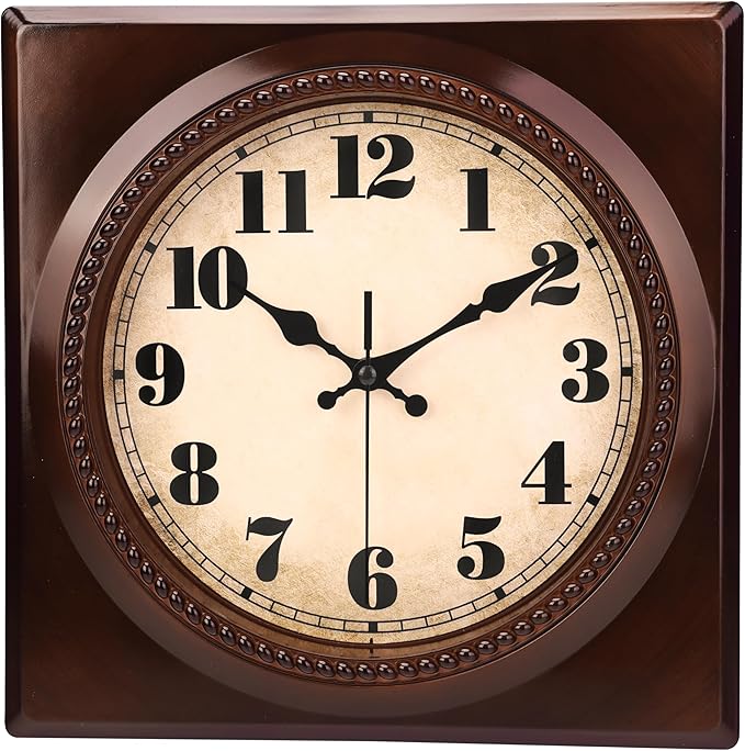 Wall Clock Vintage 1950s Style - Square Retro 12 Inch Wall Clocks Battery Operated for Kitchen Home Decor, Cherry Red