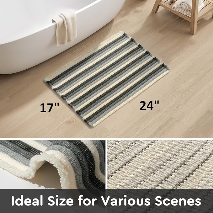 tchdio Striped Bath Mat Rug, Super Absorbent Non Slip Bath Mats for Bathroom Floor 3D Woven Gradient Bathroom Mat with Tassels Machine Washable Bathroom Rugs Beside Tub, 17" x 24", Green