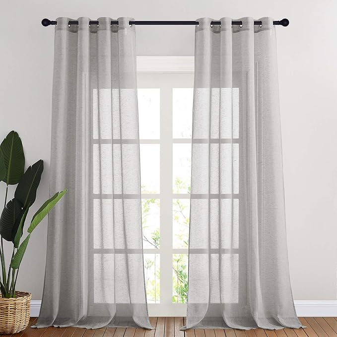NICETOWN 90 inch Grey Curtains Linen Sheer Window Drapes, Grommet Decorative Keep Privacy Semi Sheer with Light Filtering for Kids Room/Boys Room, W52 x L90, 2 Panels