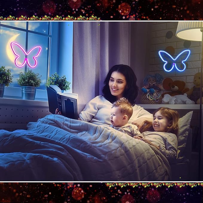 Riakrum 2 Pcs Butterfly Neon Signs LED Light 3AA Battery Powered USB Operated Wall Neon Light Decor Butterfly Wall Art for Christmas Home Bedroom Birthday Party Decor(Pink, Blue)