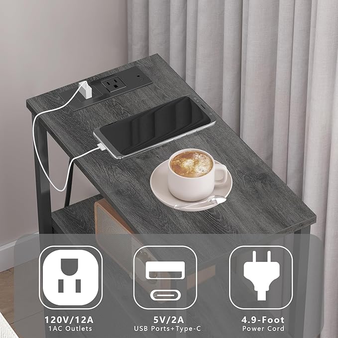 TUTOTAK Small Narrow End Table with Charging Station, Set of 2, Side Table with Outlets, Nightstand with Cloth Drawer, Couch Table, for Living Room, Bedroom, Bedside, Charcoal Grey TB01BY058