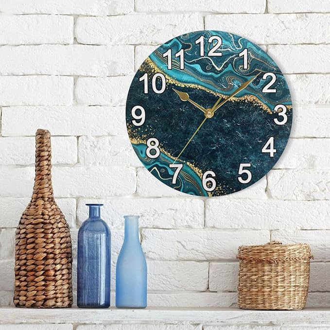 Turquoise Blue Marble Gold Veins Wall Clock Non Ticking Silent Kitchen Clock Large Battery Operated Clocks 10 inch for Living Room Bedroom Decor