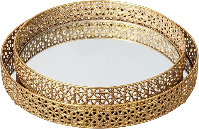 Glitzhome Set of 2 Oversized Round Gold Mirror Decorative Trays, Metal Vanity Jewelry Tray Perfume Dresser Tray, Elegant Hollow-Carved Jewelry Organizer Makeup Trays