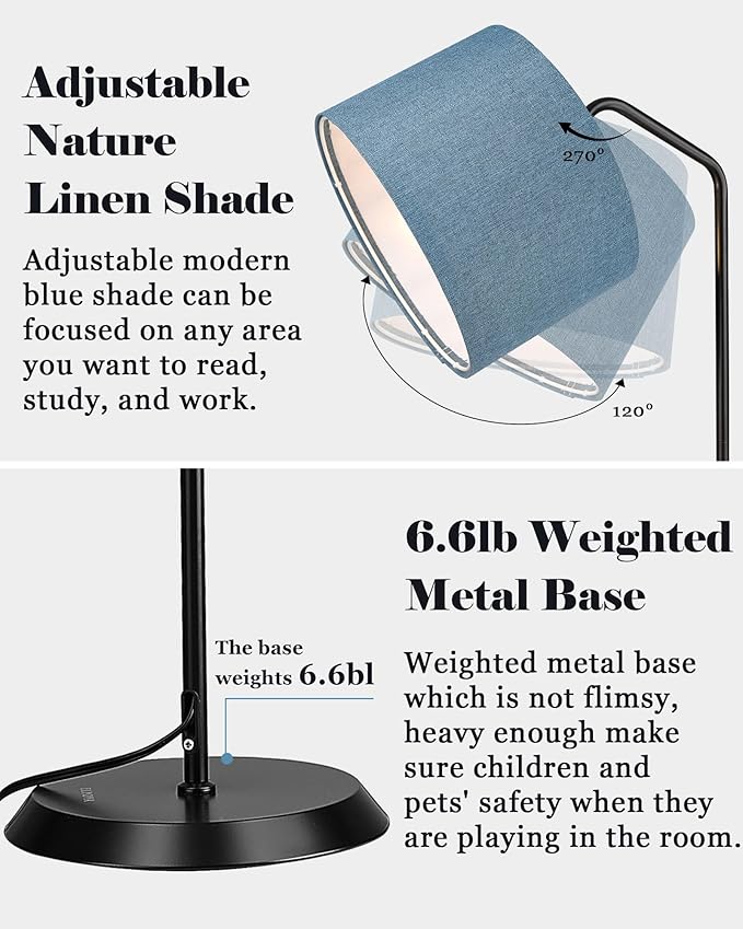 ELYONA LED Floor Lamp with 3 Color Temperatures, Modern Reading Standing lamp with Blue Linen Adjustable Hanging lampshade, Tall Pole Metal Lamp with 9W Bulb for Bedroom, Living Room, Office