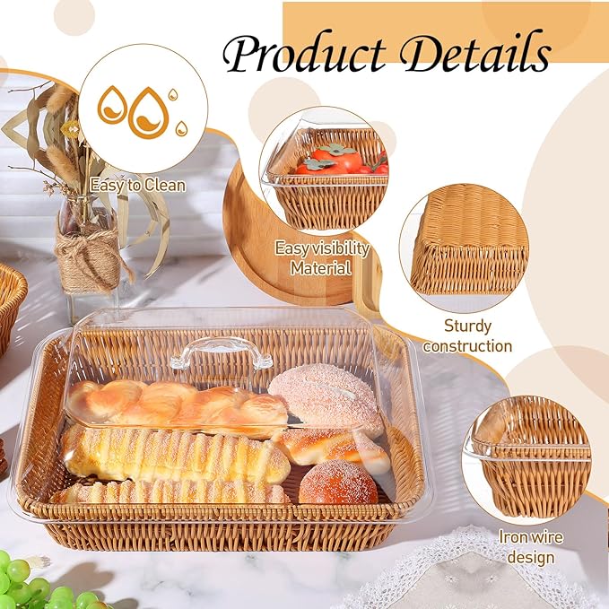 2 Set Wicker Bread Baskets for Serving with Acrylic Lids Woven Imitation Rattan Bread Basket Rectangular with Cover for World Baking Day Fruit Food Serving(13.78" X 9.84")