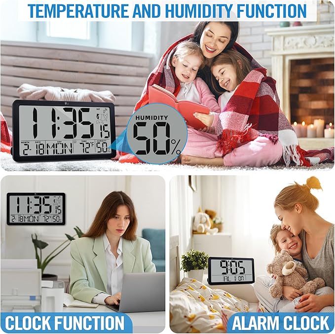 TXL Atomic Wall Clock with Backlight, Battery Operated Digital Wall Clock with Temperature, Humidity and Date, Large Display, Auto DST, 6 Time Zone(Black)