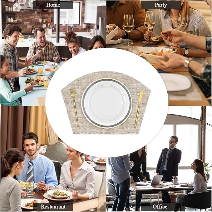SHACOS Large Size Wedge Shape Placemats with Centerpiece Round Mat Set of 5 Round Table Place Mats Washable Dining Table Placemats Reversible, Beige