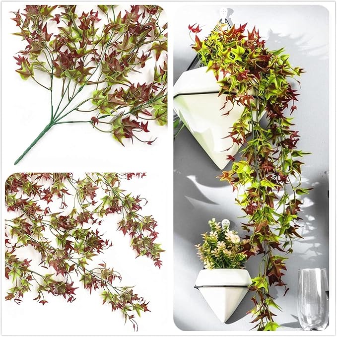 Artificial Hanging Vine Plants for Outdoor Decor, Plastic Ivy Garland Fake Vines Grass Greenery Home Garden Window Box Indoor Party UV Resistant Wedding Wall Decoration Decorations- Red 4 Bundles