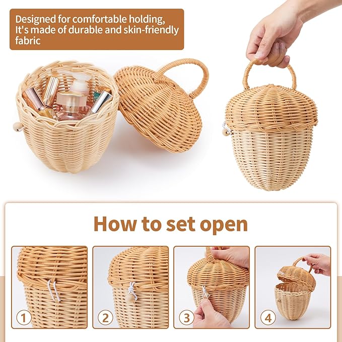 Handmade Wicker Rattan Mushroom-Shaped Storage Basket for Outdoor, Kids, Decor, Photography Props (Acorn-Shaped)