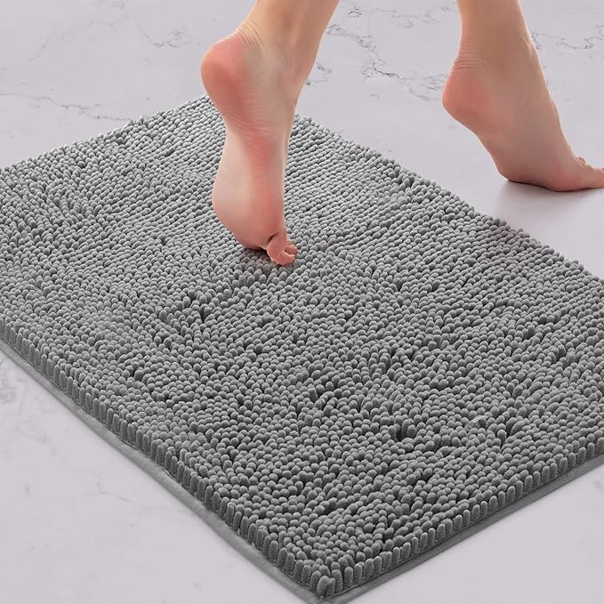 LuxUrux 2 Piece Bathroom Rug Set - Premium Plush Bath Mat Shower Rugs, 1" Chenille Microfiber, Non-Slip & Absorbent, Soft & Cozy, Durable Stylish (20x30 & 16x24 inches, Light Grey)