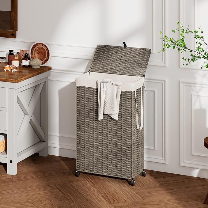 Rolling Laundry Hamper with Wheels and Lid, 90L Slim Laundry Basket with Removable Bag, Foldable Handwoven Rattan Laundry Sorter, Narrow Dirty Clothes Basket Organizer, No Assembly, Grey