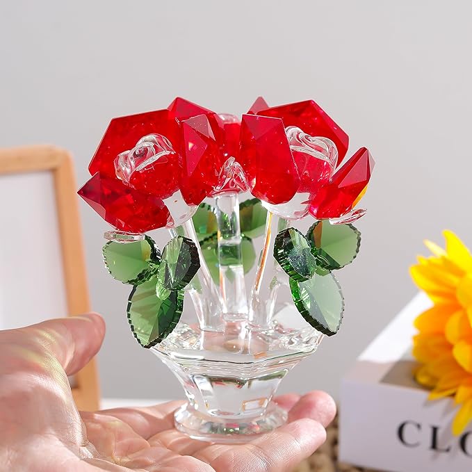 Red Rose Flower Crystal Figurine with Vase, Handmade Bouquet Flowers Gifts for Wife Girlfriend Women Ornament , Crystal Flower Collectible Home Table Decor for Valentine's Day Wedding Anniversary