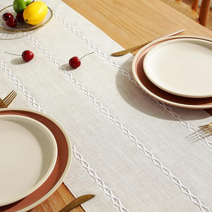 Rustic Farmhouse Style Linen Table Runner, Boho Handmade Fringe Braided Stripe Table Runners 60 Inches Long for Holiday Party, Wedding and Dining Decorations, 13 inchW X 60 inchL - Ivory