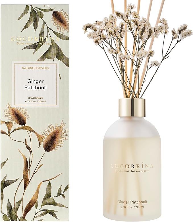 COCORRÍNA Reed Diffuser -Ginger Patchouli 6.76 oz Flower Reed Diffuser Set with 8 Sticks - Home Fragrance Office Bedroom Bathroom Shelf Decor