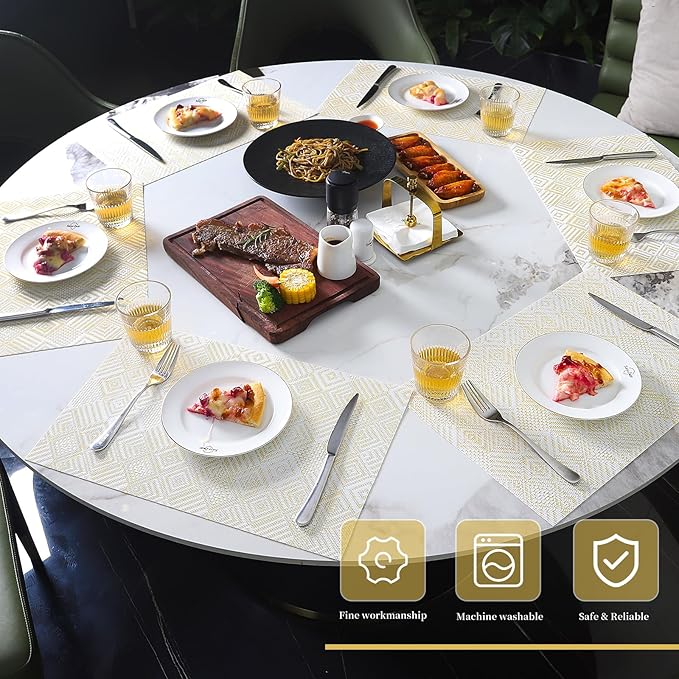 Vinyl Plastic Placemats Set of 6 Washable Heat Resistant Non-Slip Elegant Indoor Outdoor Kitchen Dining PVC Woven Table Place Mats (Yellow Squares)
