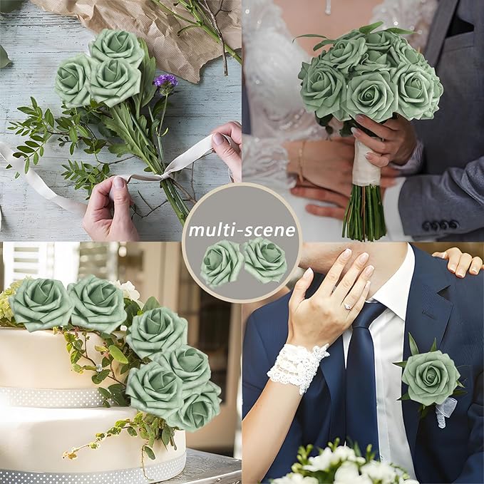 Artificial Flowers 50Pcs Elf Gree Roses Real Looking Foam Fake Roses with Leaves for DIY Wedding Bouquets Bridal Shower Centerpieces Party Decorations (Elf Green, 50)