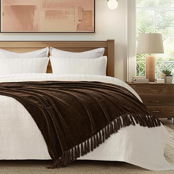 EVERGRACE Soft Chenille Throw Blanket for Couch, Cozy Plush Fuzzy Decorative Chenille Knit Throw Blanket with Tassels, Lightweight Blanket and Throws for Bed Sofa Gift Home Decor, Dark Brown 50"x60"