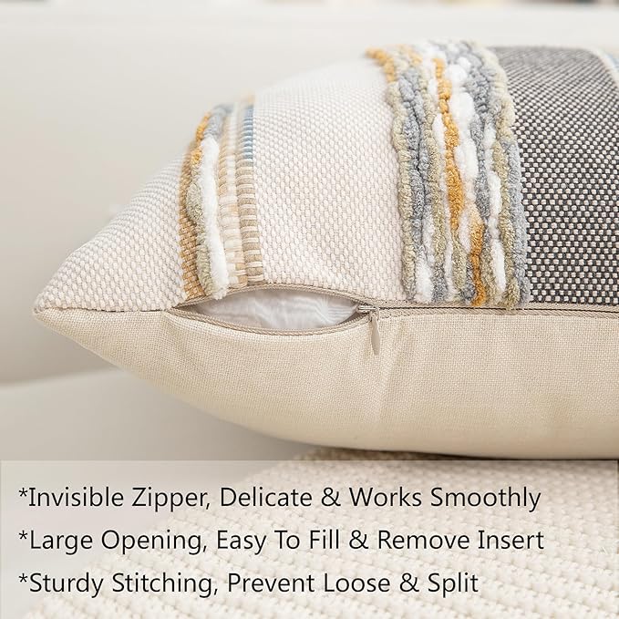 Boho Pillow Covers 18x18 Set of 2 for Couch-Modern Farmhouse Sofa Decorative Throw Pillow Covers Textured Chenille Cushion Covers Outdoor Netural Bohemian Pillow Cases Square
