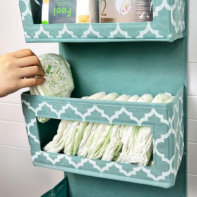 Over the Door Hanging Organizer - Nursery 5 Window Pocket Storage Organizer with 2 Thick Hooks for Baby Clothes, Diaper, Cruise, Pantry, Closet, Bathroom, Cabinet, Kitchen 12.2” 5” 49.6” (Blue)