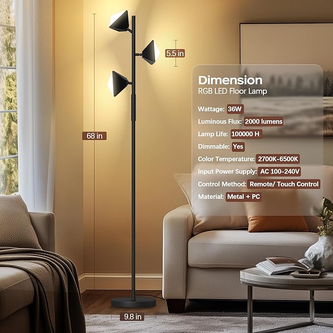 QiMH RGB Floor Lamp for Living Room, 36W LED Standing Lamp with 3 Lights, Dimmable Smart Lamp with Remote & Touch Control, Colors Changing& DIY Mode, Modern Tree Tall Lamp for Bedroom, Black