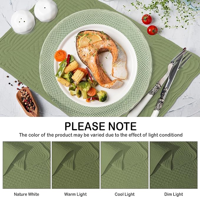 Green 100% Cotton Placemats Set of 6, Rectangular Placemats Machine Washable-13x18 Inches for Kitchen or Dining Table Fabric Rectangular Table Mats