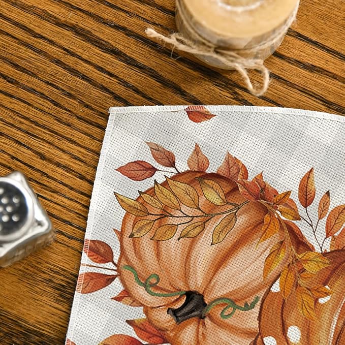 Artoid Mode Orange Buffalo Plaid Pumpkin Leaf Round Table Wedge Placemats Set of 4, Seasonal Fall Kitchen Dining Table Decoration for Indoor Party Home