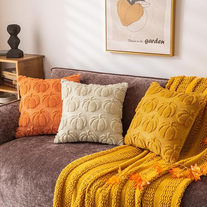 Beige Pumpkin Fall Decorative Throw Pillow Covers 18"x18", Set of 2 Soft Faux Fur Pillow Covers for Autumn Harvest, Fluffy Plush Accent Pillow Cases for Farmhouse Couch Cushion Covers