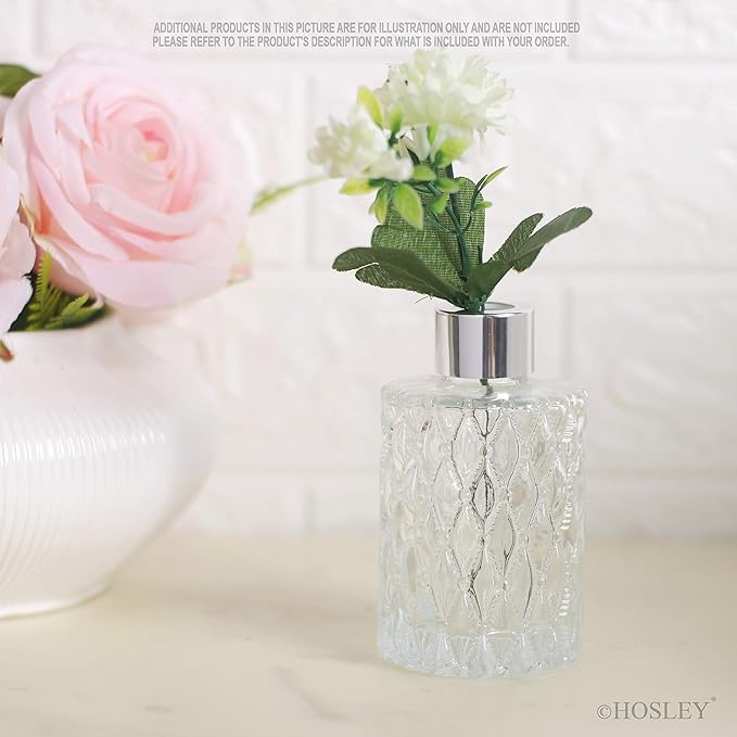 Hosley Set of 4 Mid Century Modern Glass Diffuser Bottles 4 Inch High. Ideal for Use with Essential Oils Hosley Replacement Diffusers and Hosley Reed Sticks DIY Crafts O3 Silver
