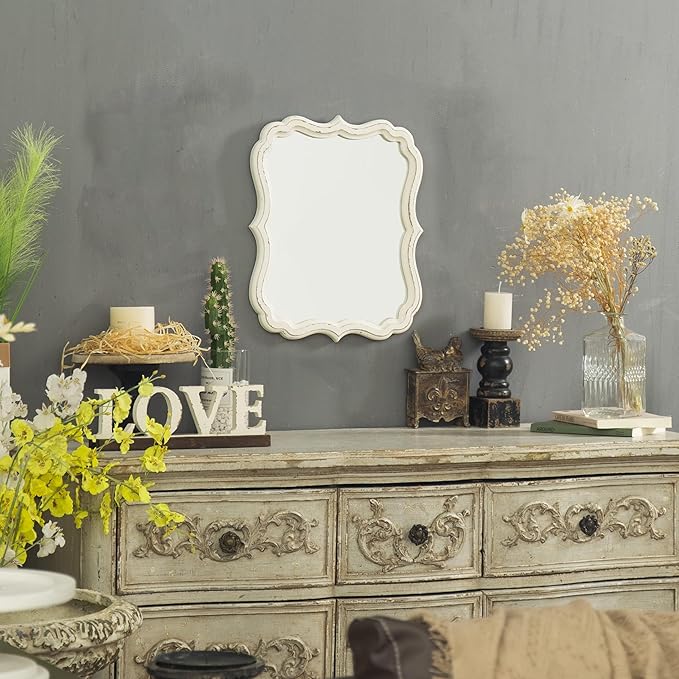 Rustic White Small Scalloped Wall Mirror 12" x 15", Mirror Wall Decor, Decorative Wall Mounted Mirrors, Bathroom Mirrors for Vanity, Distressed Finish Vintage Wall Mirror for Living Room