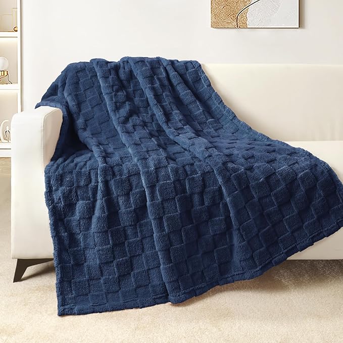 Exclusivo Mezcla Fleece Throw Blanket for Couch,Super Soft and Warm Lightweight Checkered Pattern Blankets for All Seasons, 50x60 Inches, Navy Blue