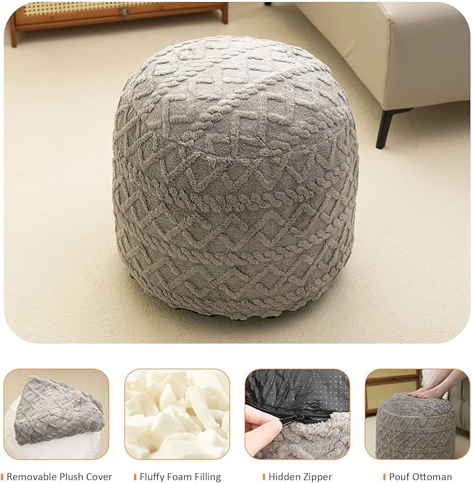 Round Stuffed Pouf Ottoman, Corduroy Poufs with Foam Chunk Filling, Furry and Fluffy Pouf Foot Stool Storage Grey 26"