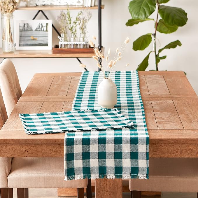 DII Heavyweight Fringed Check Tabletop Collection, Table Runner, 14x108, Teal