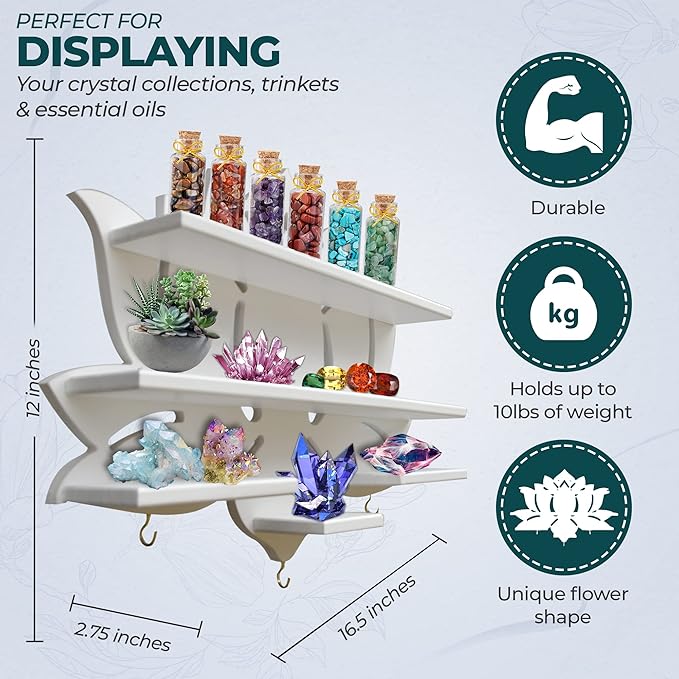 Chakral Wooden Lotus Flower Shelf for Crystals - Floating Crystal Display Shelf & Holder, Wall Decor for Bedroom Aesthetic, Pinewood (White)