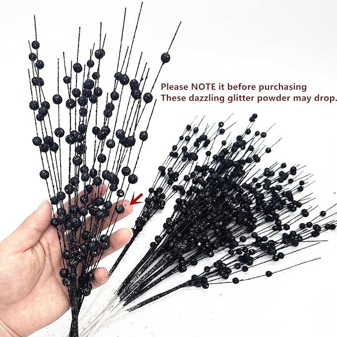 CATTREE Artificial Glitter Berry Stem Decorative, Fake Glitter Sticks Bead Pick Stems for Halloween Christmas Glittery Twigs Xmas Tree Wreath Crafts Vase Filler Home DIY Decor - 17 Inch Black 10 Pack