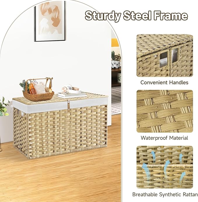 180L Wicker Storage Basket with Lid, Handwoven Rattan Large Shelf Basket with Removable Liner, 47.6 Gallon Wicker Basket for Blanket, Storage Trunk with Handle for Bedroom, Livingroom, Goose Yellow