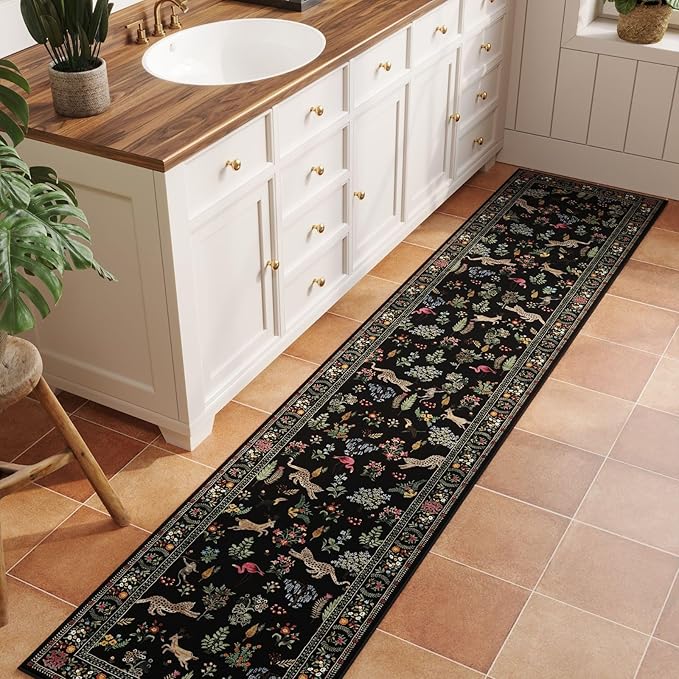 Runners for Kitchen Runner Rug Non Slip 2'x10' Long Washable Rugs with Rubber Backing Soft Floral Animal Carpet Runner for Kitchen, Laundry, Bedroom, Bathroom (Black)