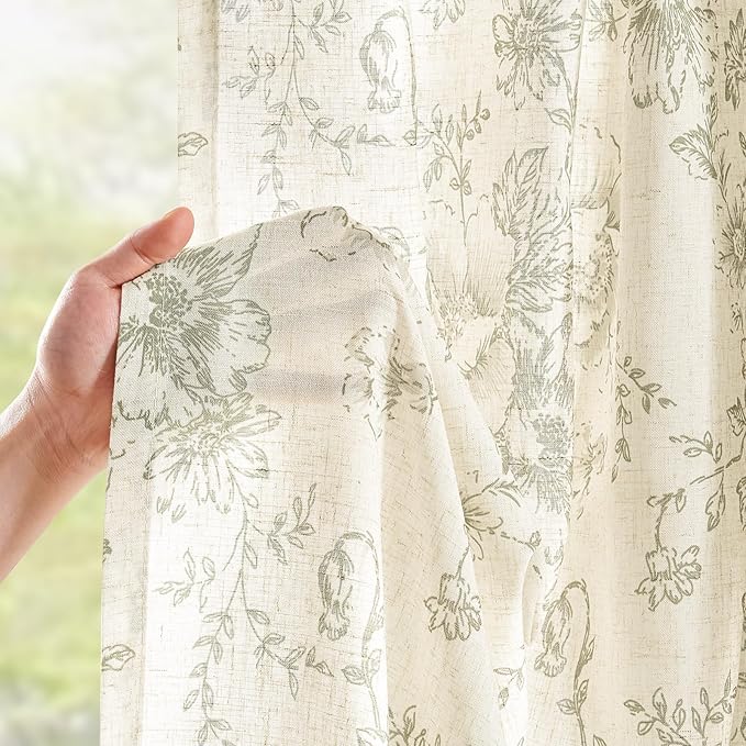 jinchan Linen Blend Curtain Floral Curtains for Living Room 90 Inch Length Sage Green Printed Curtain Rod Pocket Back Tab Farmhouse Peony Flower Patterned Drapes Bedroom Window Curtains Set 2 Panels